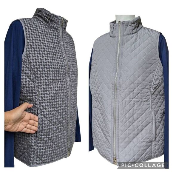 CHICO'S Reversible Gray Houndstooth Quilted Vest Jacket Side Pockets Size 12 14 - Picture 9 of 10